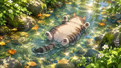 Floating Tabby in Forest Stream