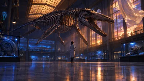 Conservator Beneath Marine Reptile Skeleton