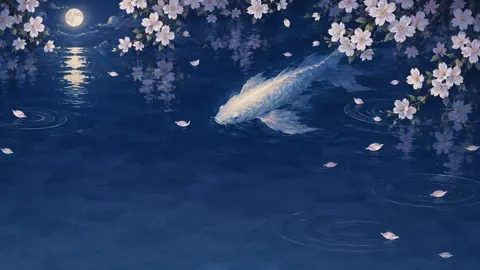 White Koi Under Blossoms