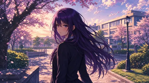 Anime Girl on Cherry Blossom Path