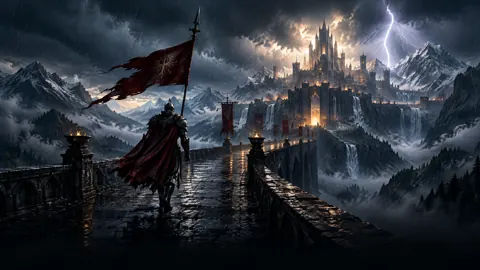 Armored Guardian With Crimson Banner