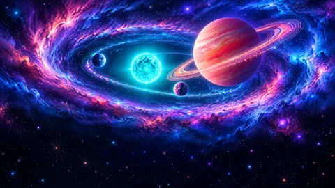 Coral Ringed Planet and Moons