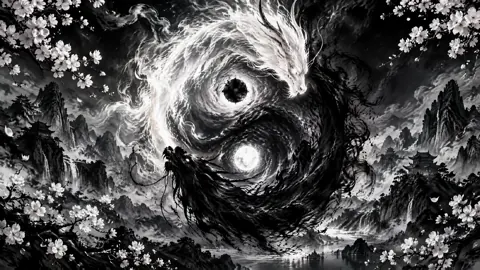 Yin Yang Dragons Above Pagodas
