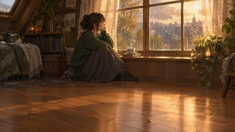 Woman With Tea by Attic Window