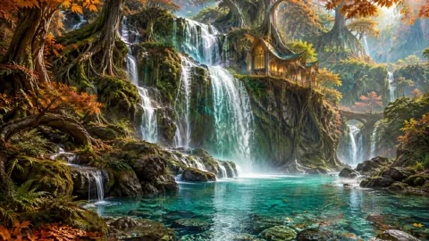 Elven Treehouse Above Waterfalls