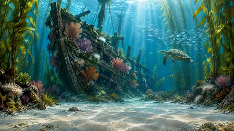 Coral Shipwreck With Sea Turtle