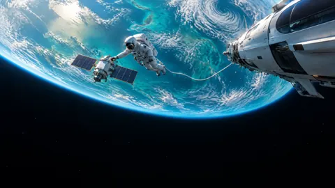 Astronaut Repairing Satellite Above Planet