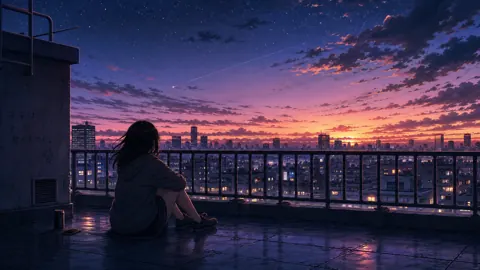 Anime Girl on Rooftop at Sunset