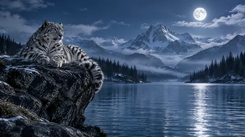 Snow Leopard Above Glacial Lake