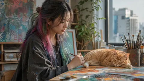 Korean Artist With Ginger Cat