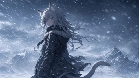 Silver-Haired Catgirl in Blizzard