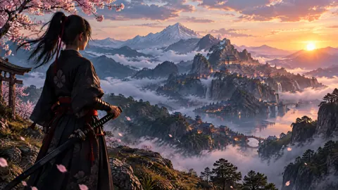 Samurai Girl Over Misty Valley