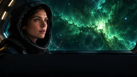 Space Engineer Facing Emerald Nebula