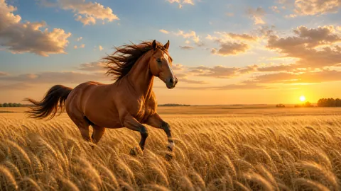 Galloping Horse in Wheat Field