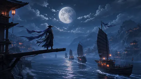 Cloaked Warrior Above Moonlit Harbor