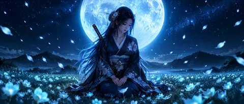 Kimono Swordswoman Under Icy Moon