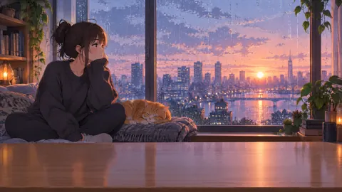 Woman and Ginger Cat by Rainy Window