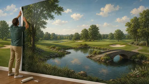 Man Installing Golf Course Mural