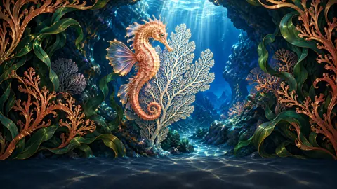 Rose-Gold Seahorse in Reef Cave