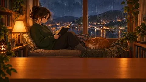 Woman Reading with Orange Cat