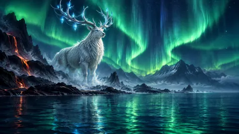 White Stag Under Auroras