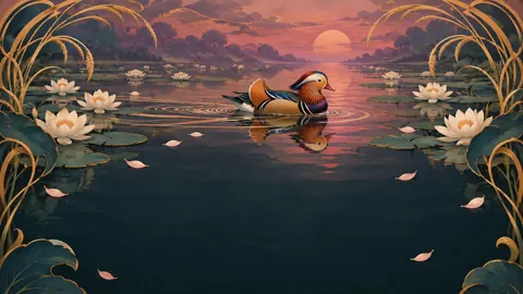 Mandarin Duck With Water Lilies