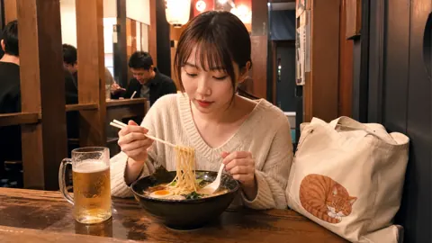 Woman Eating Ramen in Shinjuku