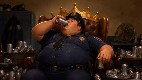 Overweight Police Officer on Beer Throne