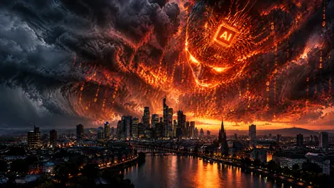 Fiery AI Over Riverfront City