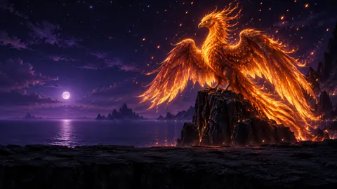 Ember Phoenix Above Violet Sea
