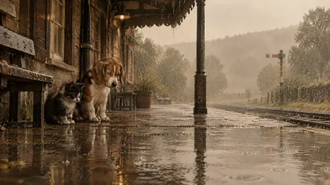 Kitten and Beagle in Rain