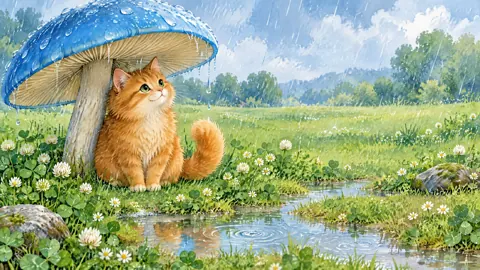 Ginger Cat Under Blue Mushroom