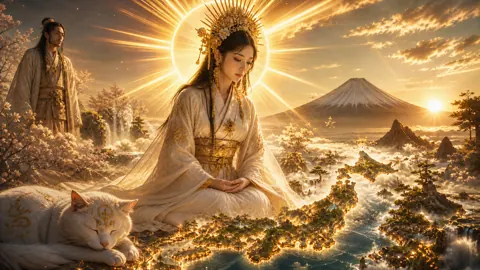 Amaterasu Meditating With White Cat
