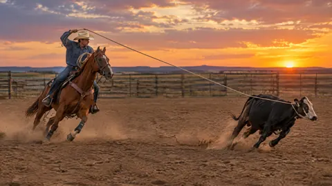 Cowboy Roping Cow at Sunset