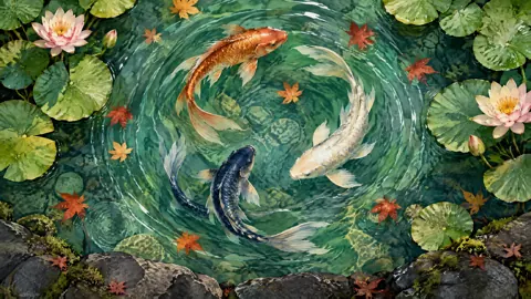 Three Koi in Jade Pond