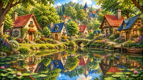 Fairytale Village With Pond Bridge