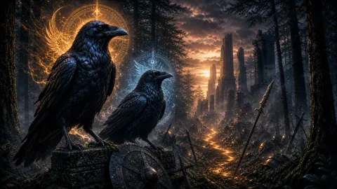 Mystical Ravens on Ancient Ruins