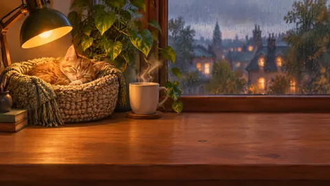 Sleeping Ginger Kitten by Rainy Window