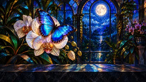 Blue Morpho on Orchids