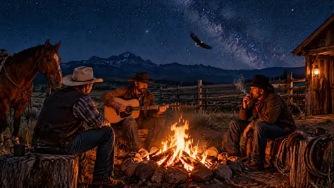 Cowboys Playing Guitar by Campfire