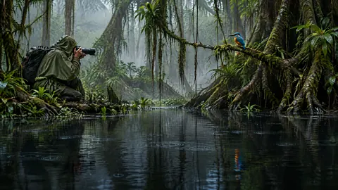 Photographer and Kingfisher in Rainforest