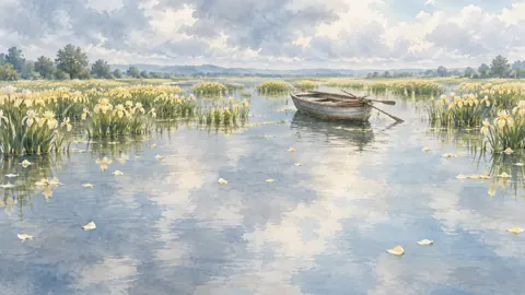 Rowboat Among Yellow Irises
