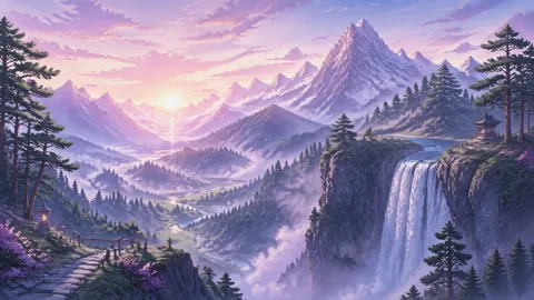Pastel Mountain Valley Waterfall