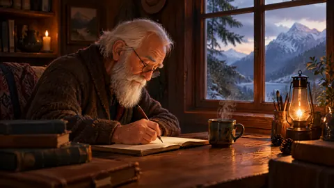 Bearded Man Writing in Cabin