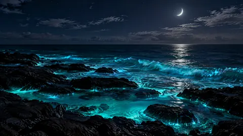 Crescent Moon Over Glowing Waves