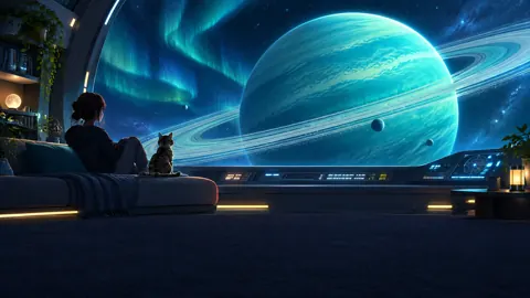 Person and Cat Watching Ringed Planet