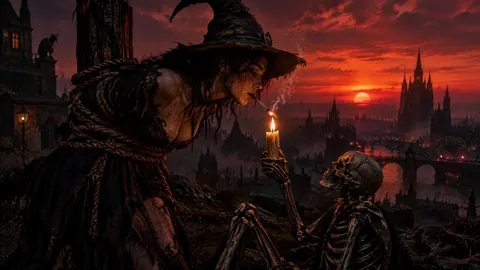 Witch Lighting Cigarette With Skeleton