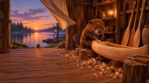 Beaver Carving Canoe in Shed