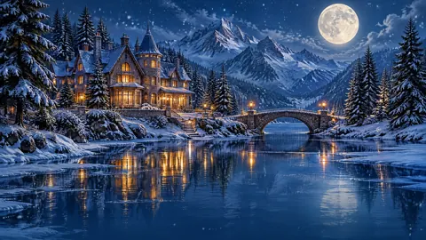 Moonlit Manor by Frozen Lake