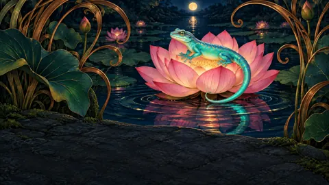 Turquoise Gecko on Pink Lotus